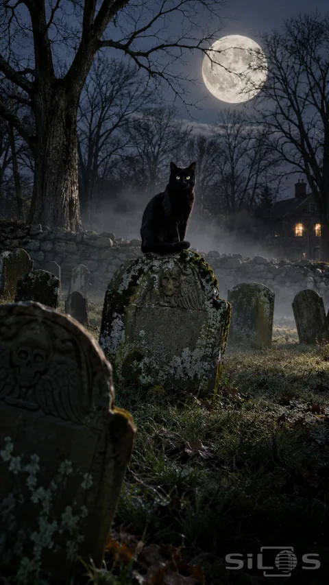 A black cat with green eyes sits on a mossy slate headstone in a misty cemetery beneath a large full moon.