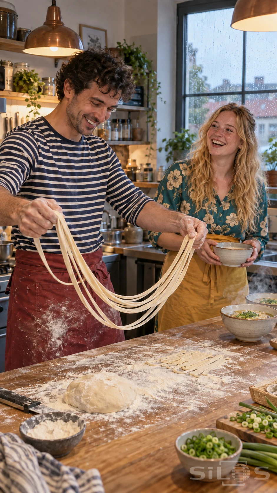 A cook stretches hand pulled noodles above a floured wooden counter while a smiling friend holds a ceramic bowl.