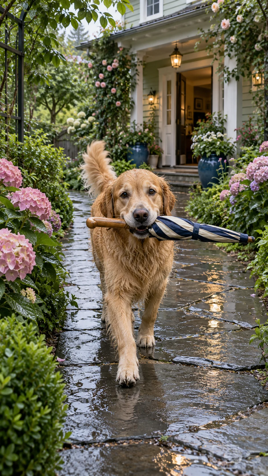 A golden retriever carries a closed striped umbrella along a rainy garden path bordered by hydrangeas and climbing roses.