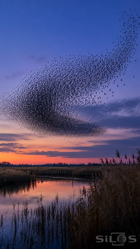 A dense starling murmuration curves across a purple dusk sky above a reed marsh and still water reflecting the coral horizon.