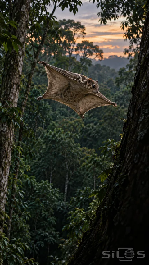 A colugo glides between rainforest trunks with four limbs spread and a broad furred membrane against a warm dusk sky.
