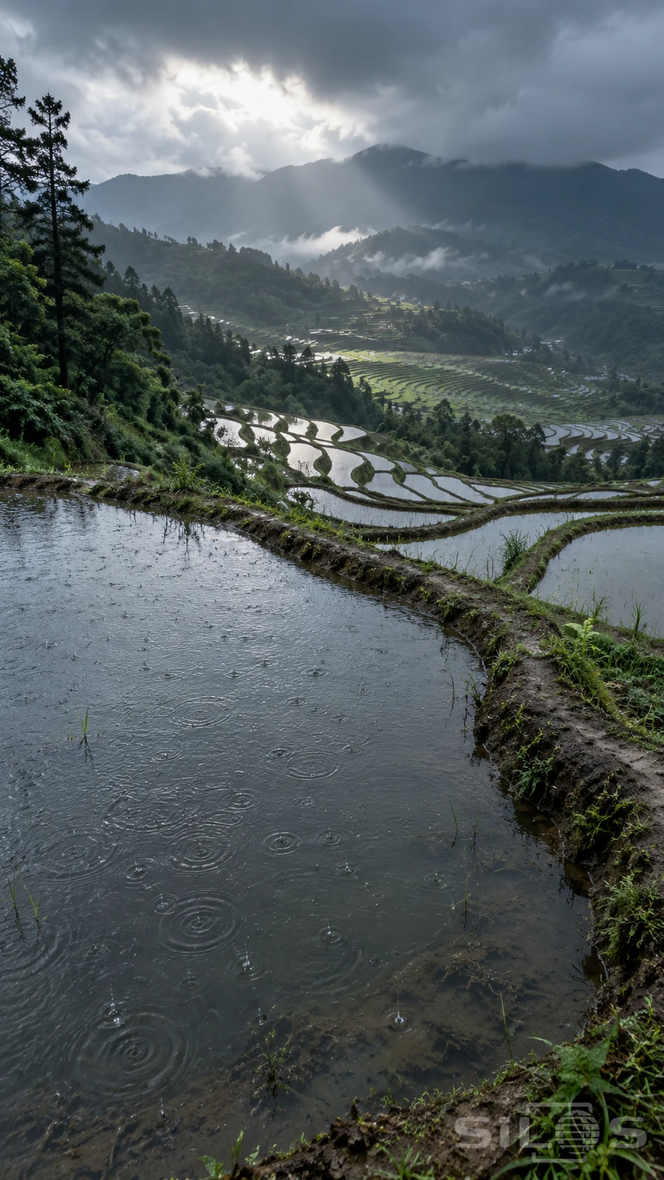 Rain rings cover a near flooded basin while narrow mud berms curve around rice terraces descending toward misty green hills.
