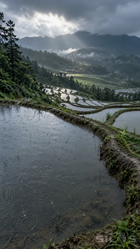 Rain rings cover a near flooded basin while narrow mud berms curve around rice terraces descending toward misty green hills.