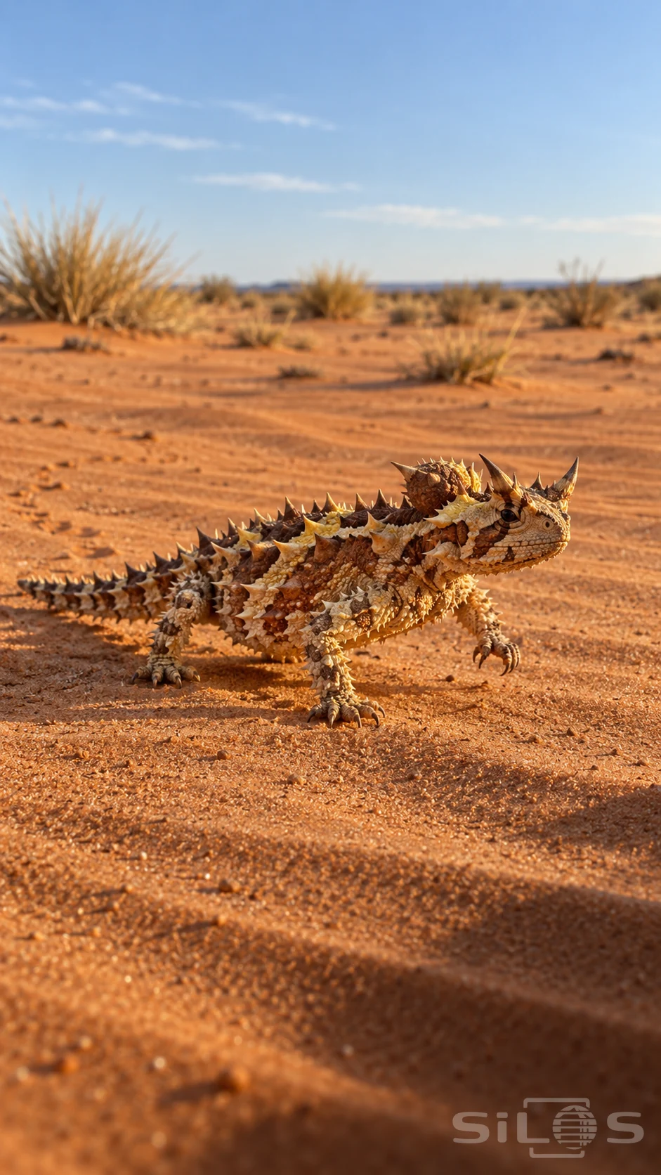 A thorny devil with amber and cream conical spines walks over rippled ochre sand near sparse spinifex tufts under a blue sky.