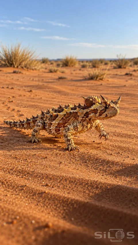 A thorny devil with amber and cream conical spines walks over rippled ochre sand near sparse spinifex tufts under a blue sky.