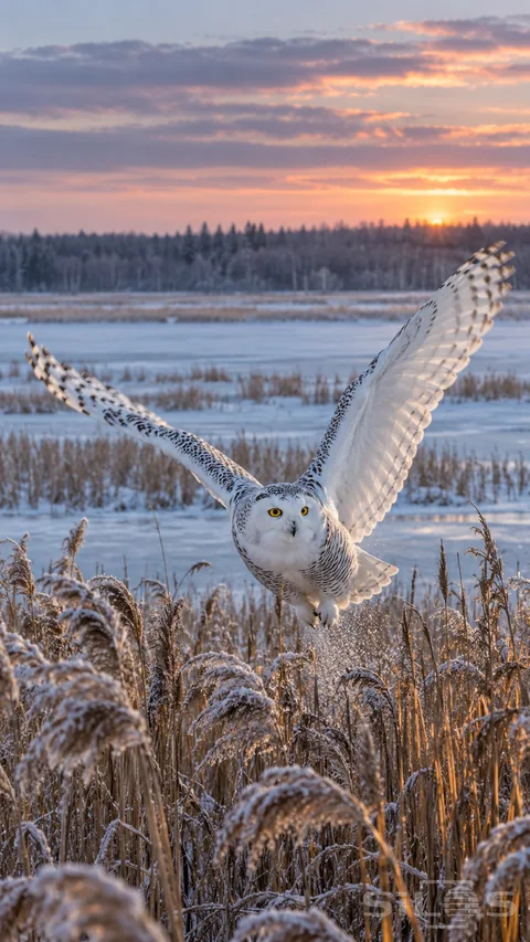 A white owl with yellow eyes lifts over frost-covered reeds in a snowy winter marsh at dawn; its broad wings raised.