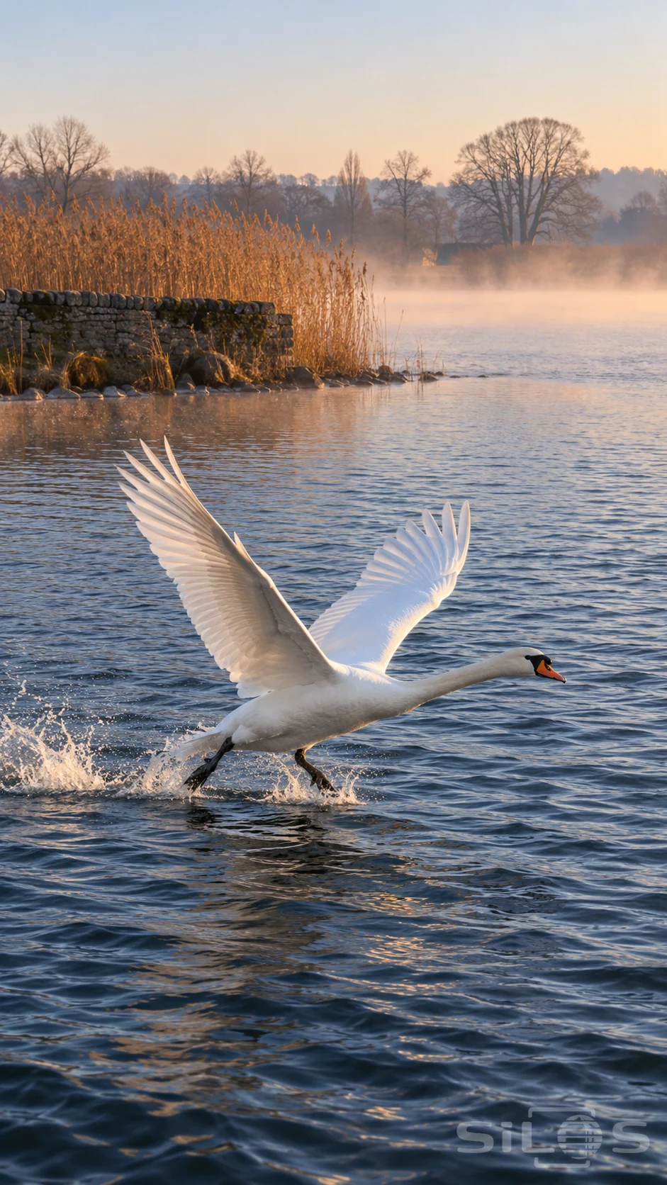 Swan takeoff above rippled lake water with raised white wings and a misty reed bank beyond.