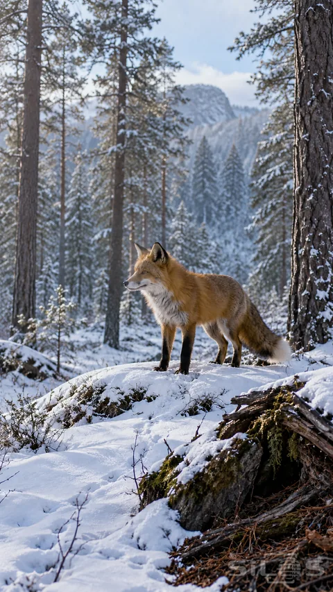 Red fox snow pines with an alert fox standing on a snowy rise among tall pine trunks; pale winter trees and dark fallen timber.