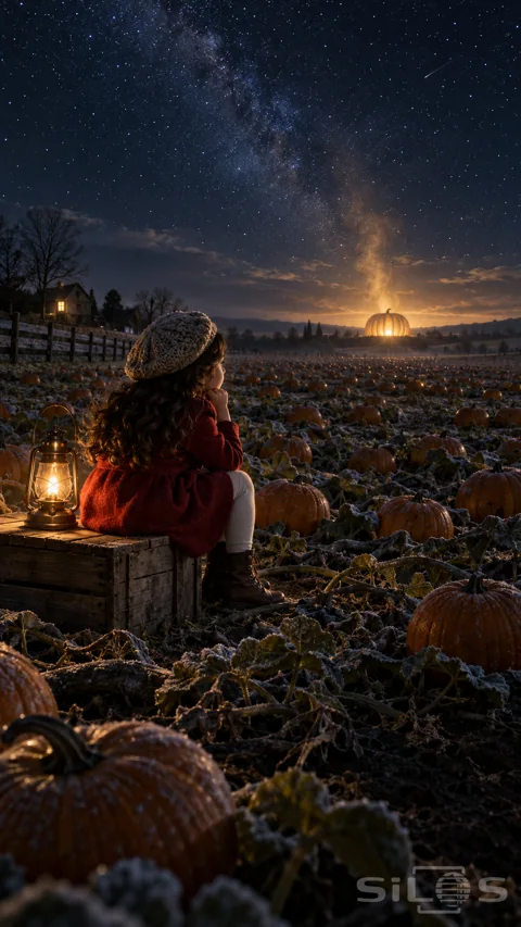 A girl in a red coat sits on a crate beside a brass lantern; watching a giant glowing pumpkin beyond a frost-covered field.