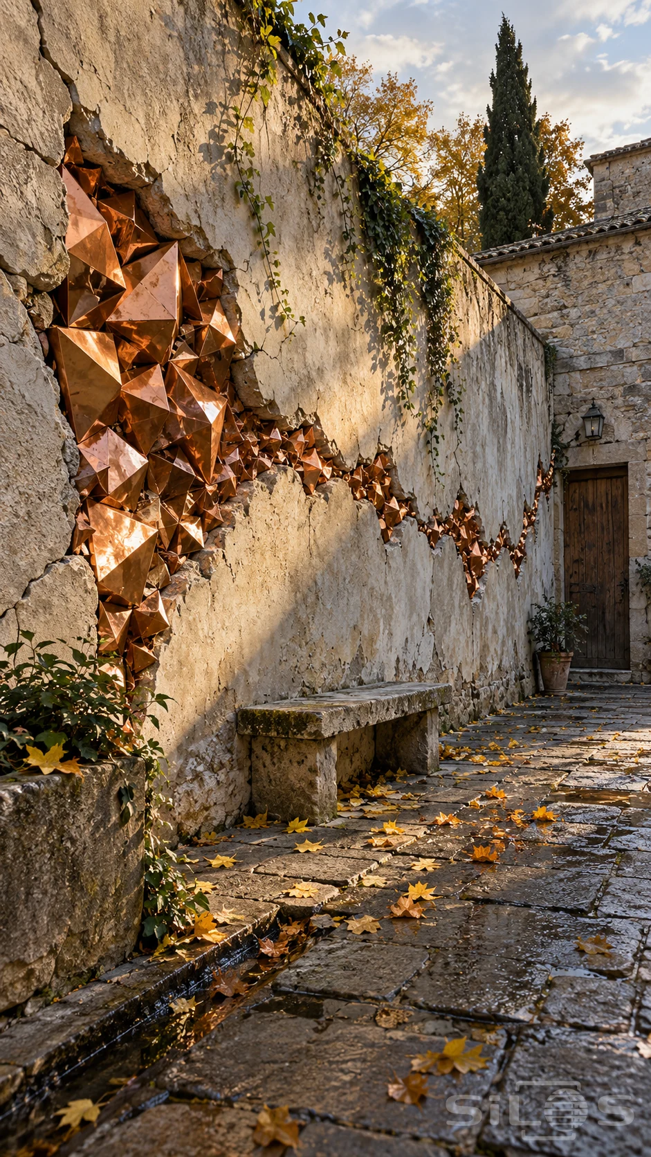 Angular copper crystal forms fill a long crack in an old plaster wall above a stone bench and wet autumn paving.