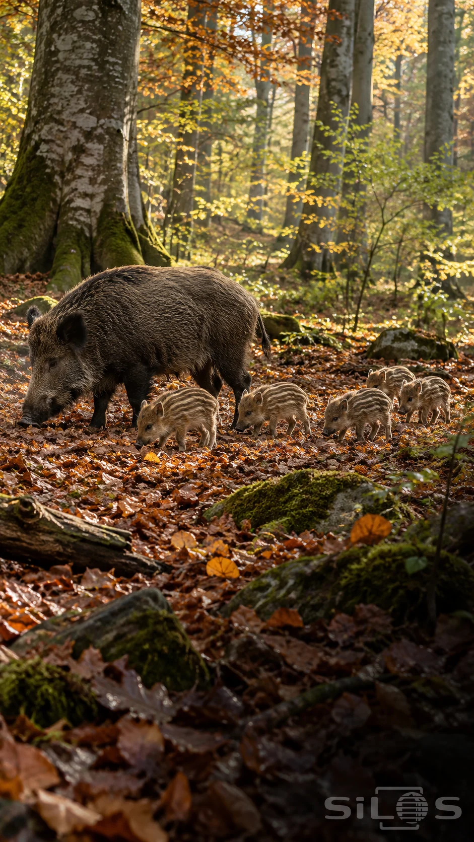 Five striped piglets walk beside a dark wild boar through copper leaves under tall beech trunks and soft morning sunlight.