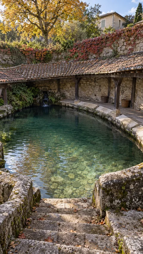 Stone steps descend to a clear green spring beneath a curved tiled washhouse roof; with golden autumn trees above.