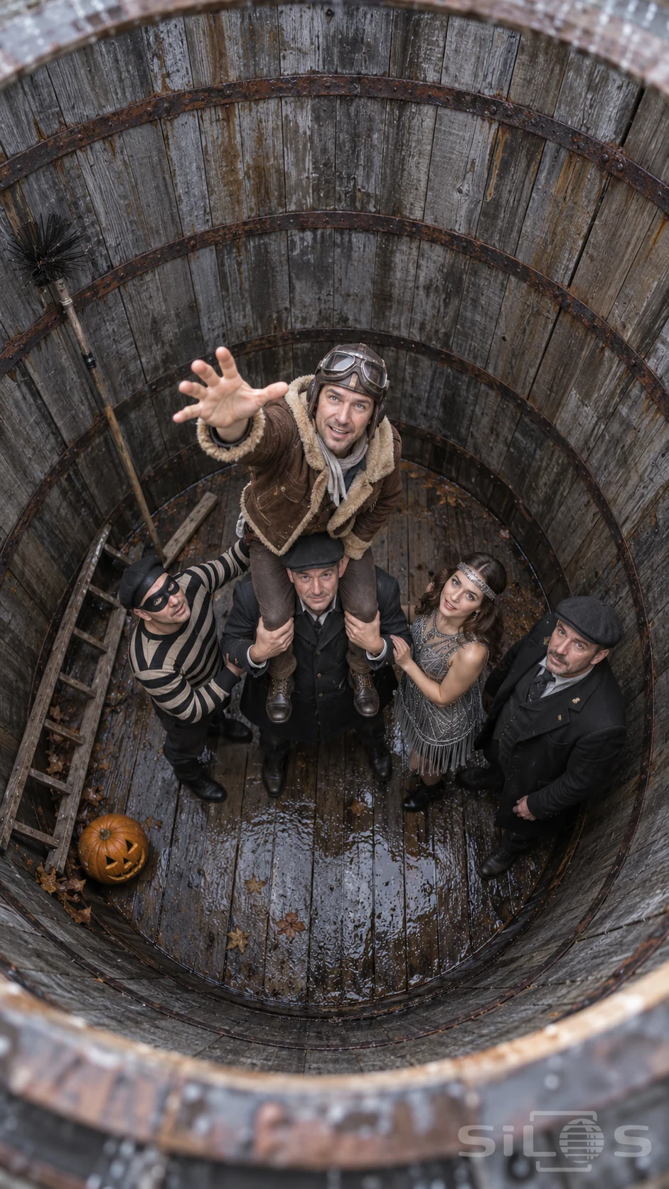 Five adults in vintage costumes inside a cedar tank, with a pilot supported on another man’s shoulders.