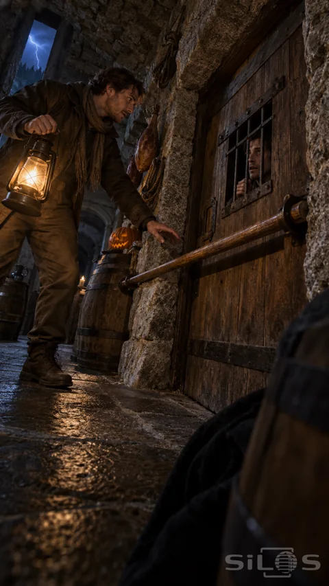 A traveller holding a lantern reaches toward a wooden pole bracing a cellar door with a man's face behind its barred hatch.