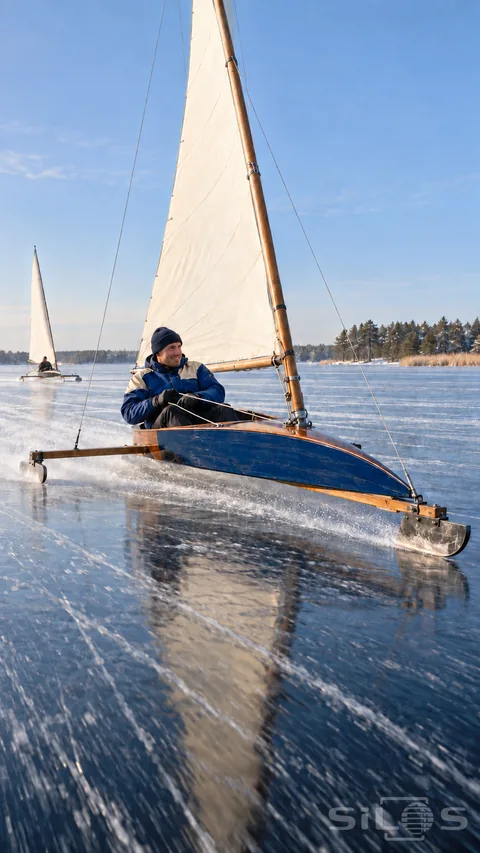 Iceboats on a frozen lake with a blue wooden iceboat; cream sail and adult sailor above polished ice and runner tracks.