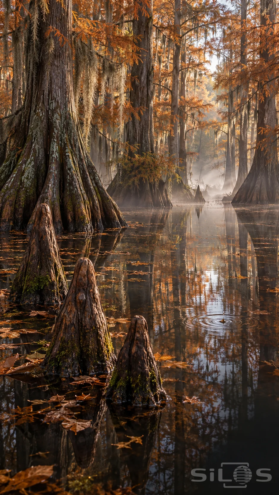 Cypress knees protrude from dark water below flared tree trunks, copper foliage and long strands of hanging moss.