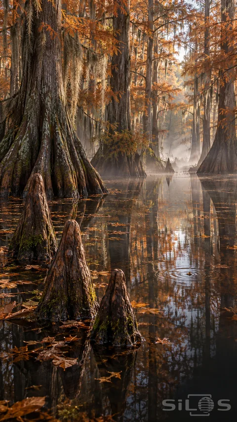 Cypress knees protrude from dark water below flared tree trunks; copper foliage and long strands of hanging moss.