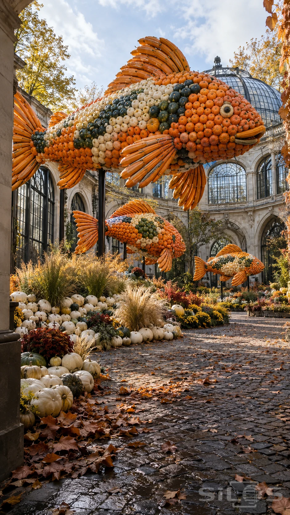 Three giant fish sculptures covered with pumpkins rise over autumn planting in a stone conservatory courtyard.