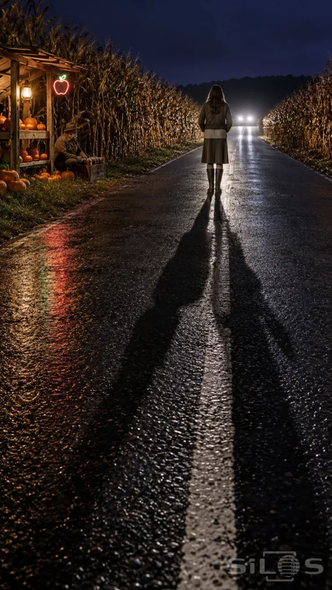 A distant woman stands between dry cornfields as two long shadows stretch across a wet road beside a pumpkin stall.