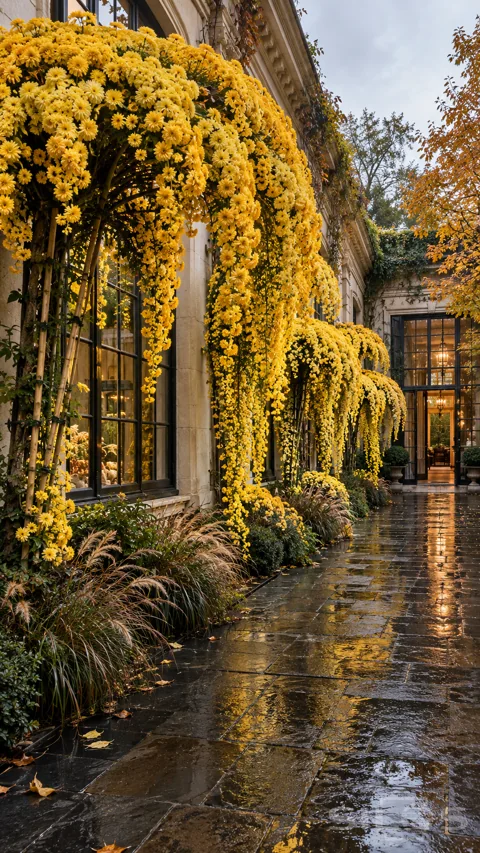 Tall trained yellow chrysanthemums cascade beside stone walls and black windows over a wet garden path.