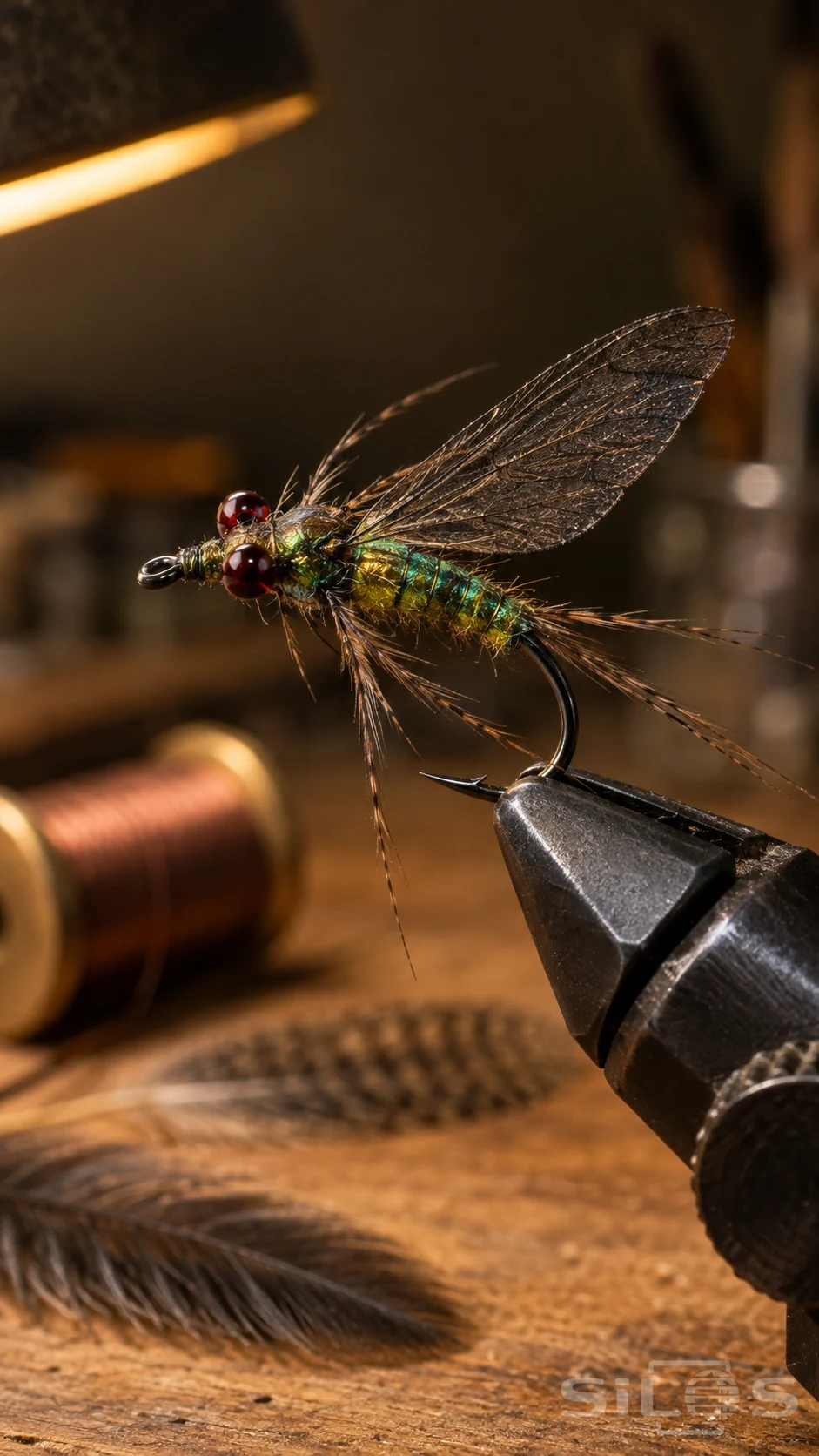 An iridescent fishing fly with green fibers, red bead eyes, translucent wings and a curved hook held in steel vise jaws.