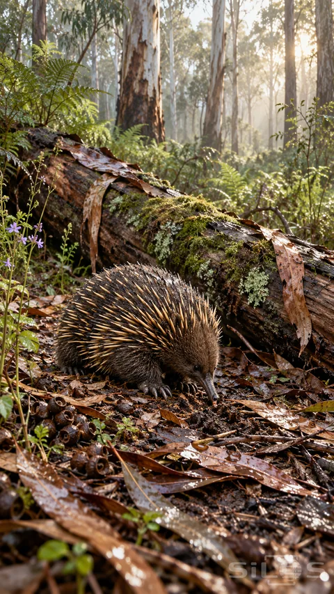 An echidna searches damp leaf litter in woodland beside a mossy fallen eucalyptus log and pale tree trunks.
