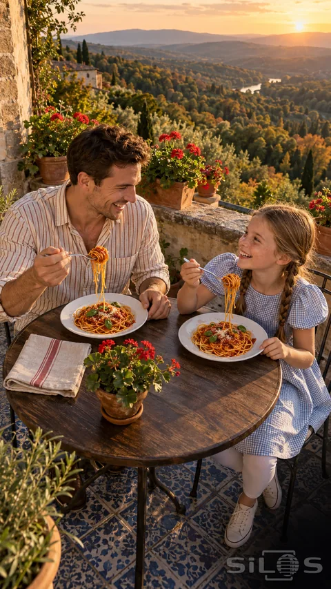 A father and daughter laugh over two spaghetti twirls at a round terrace table; with red flowers and a broad valley behind them.