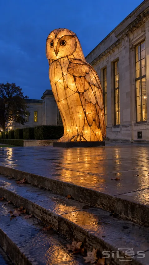 A large amber paper owl lantern stands on a dark plinth in an empty square beside wet stone steps and a limestone hall at blue hour.
