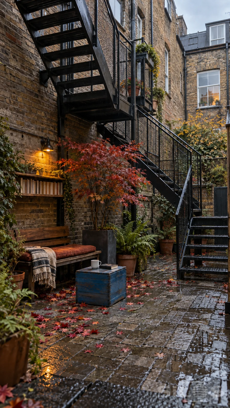 A reading courtyard beneath black steel stairs holds a wooden bench, red maple, blue crate table and books above wet paving.
