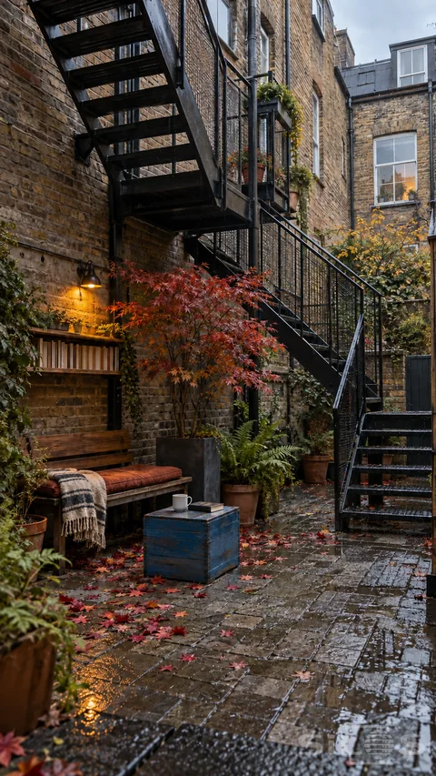 A reading courtyard beneath black steel stairs holds a wooden bench; red maple; blue crate table and books above wet paving.
