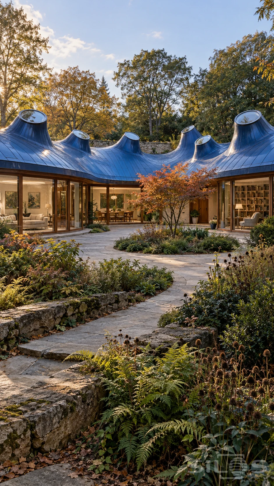 A low courtyard house has a flowing blue metal roof with six upturned circular skylights above glazed living, dining and reading rooms.