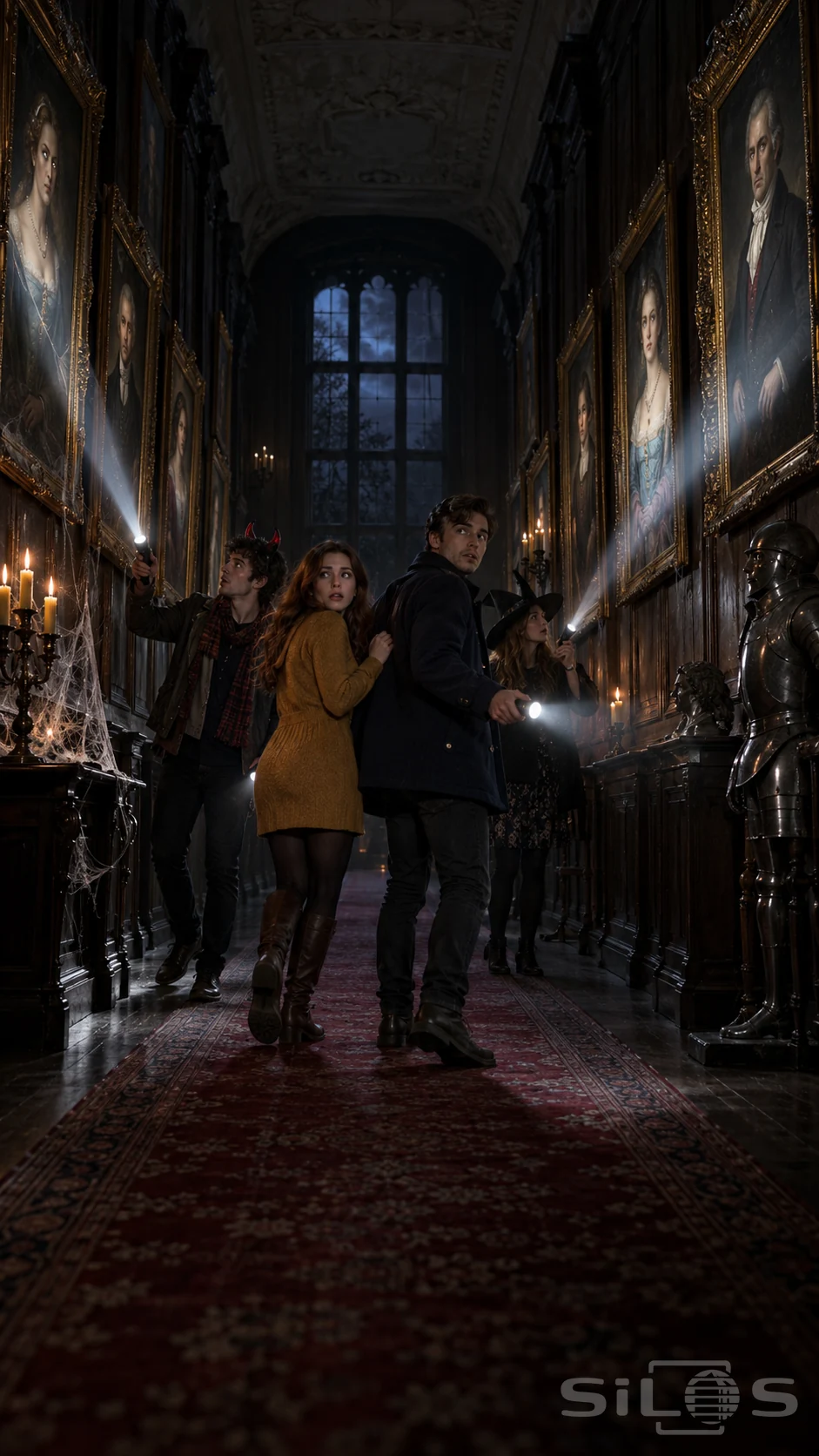 Four young friends with flashlights look back in a dark oak gallery lined with gilt-framed portraits, candles and a red runner.