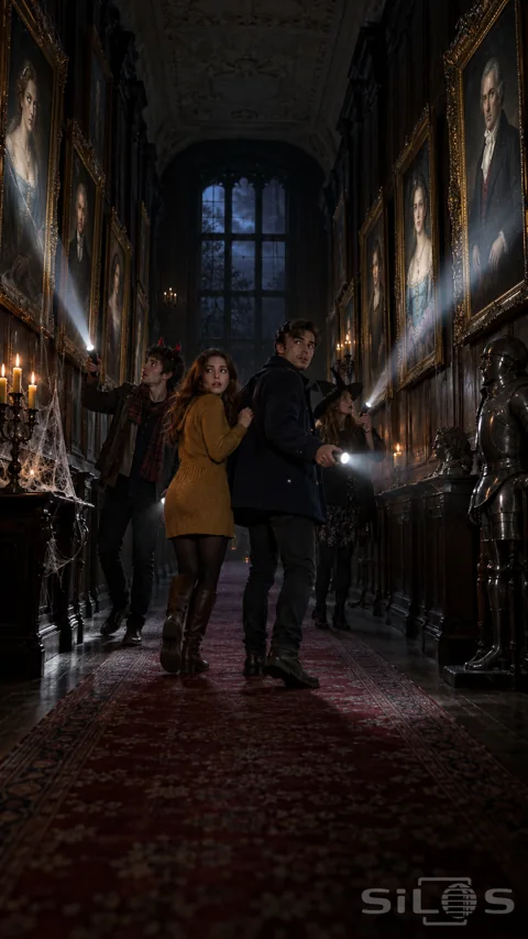 Four young friends with flashlights look back in a dark oak gallery lined with gilt-framed portraits; candles and a red runner.