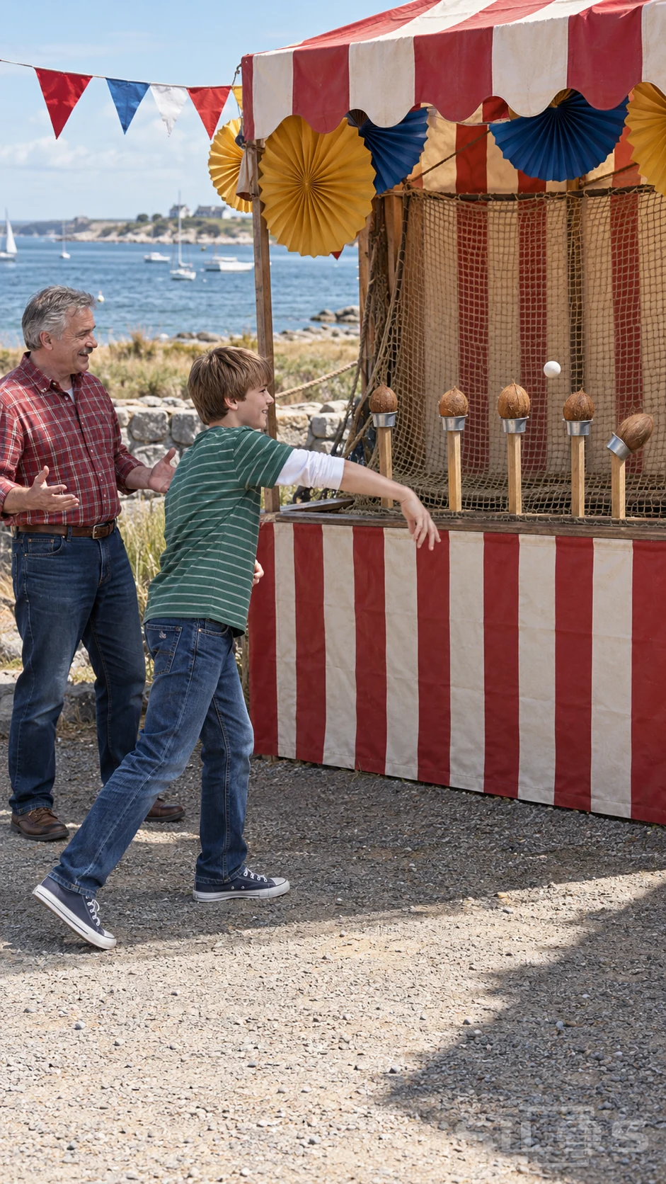 Coconut shy game with a boy following through on a throw and his father smiling beside a striped stall overlooking the sea