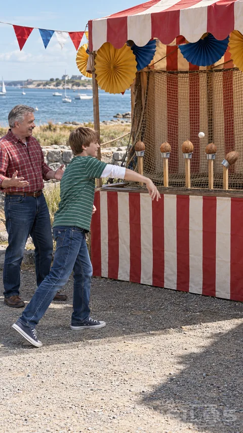 Coconut shy game with a boy following through on a throw and his father smiling beside a striped stall overlooking the sea