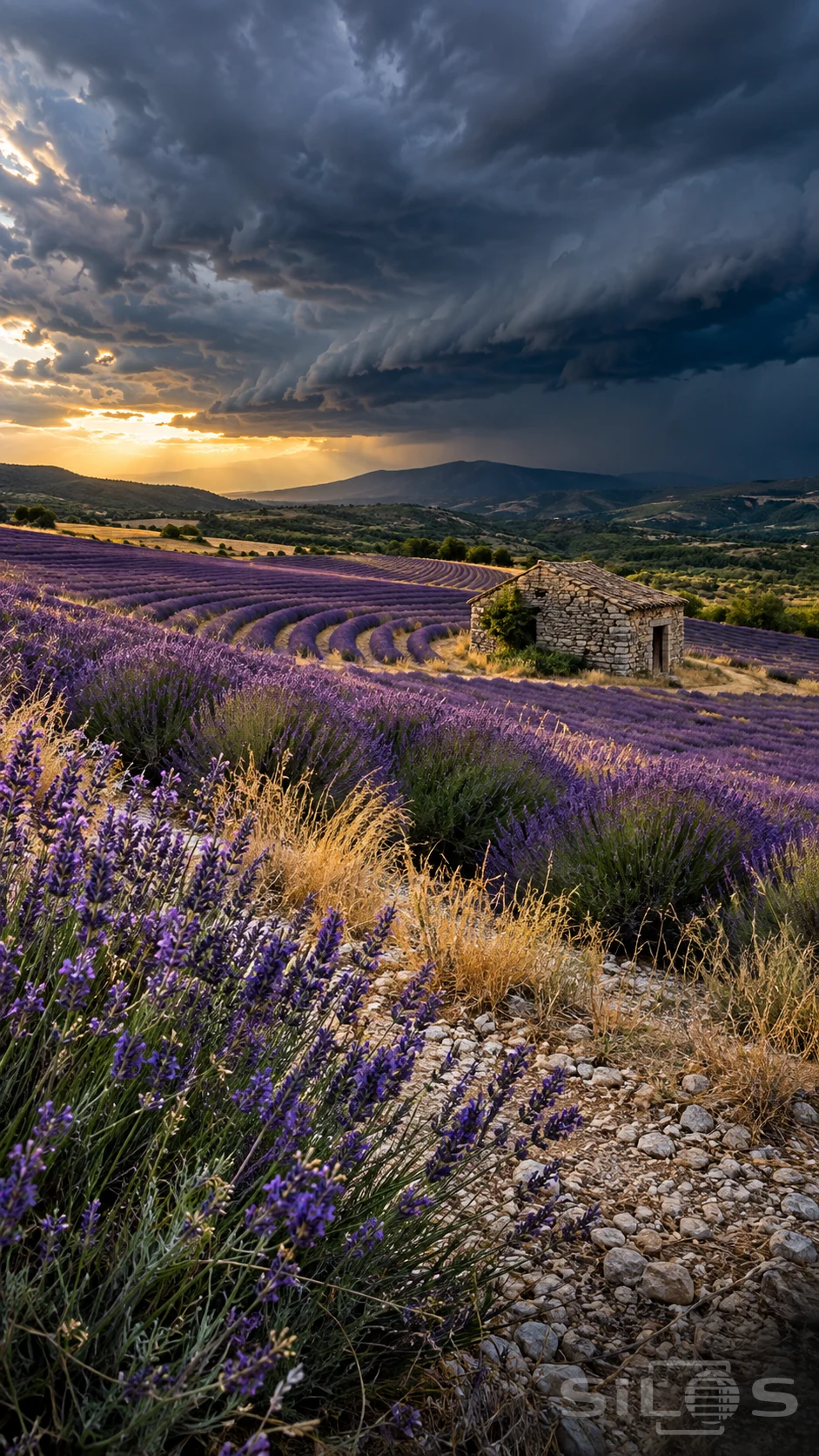 A lavender field curves around a stone field hut beneath dark storm clouds and a bright strip of golden evening sky.
