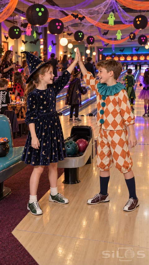 Two costumed children share a bowling high five beneath glowing paper lanterns at a busy Halloween party beside the maple lanes.