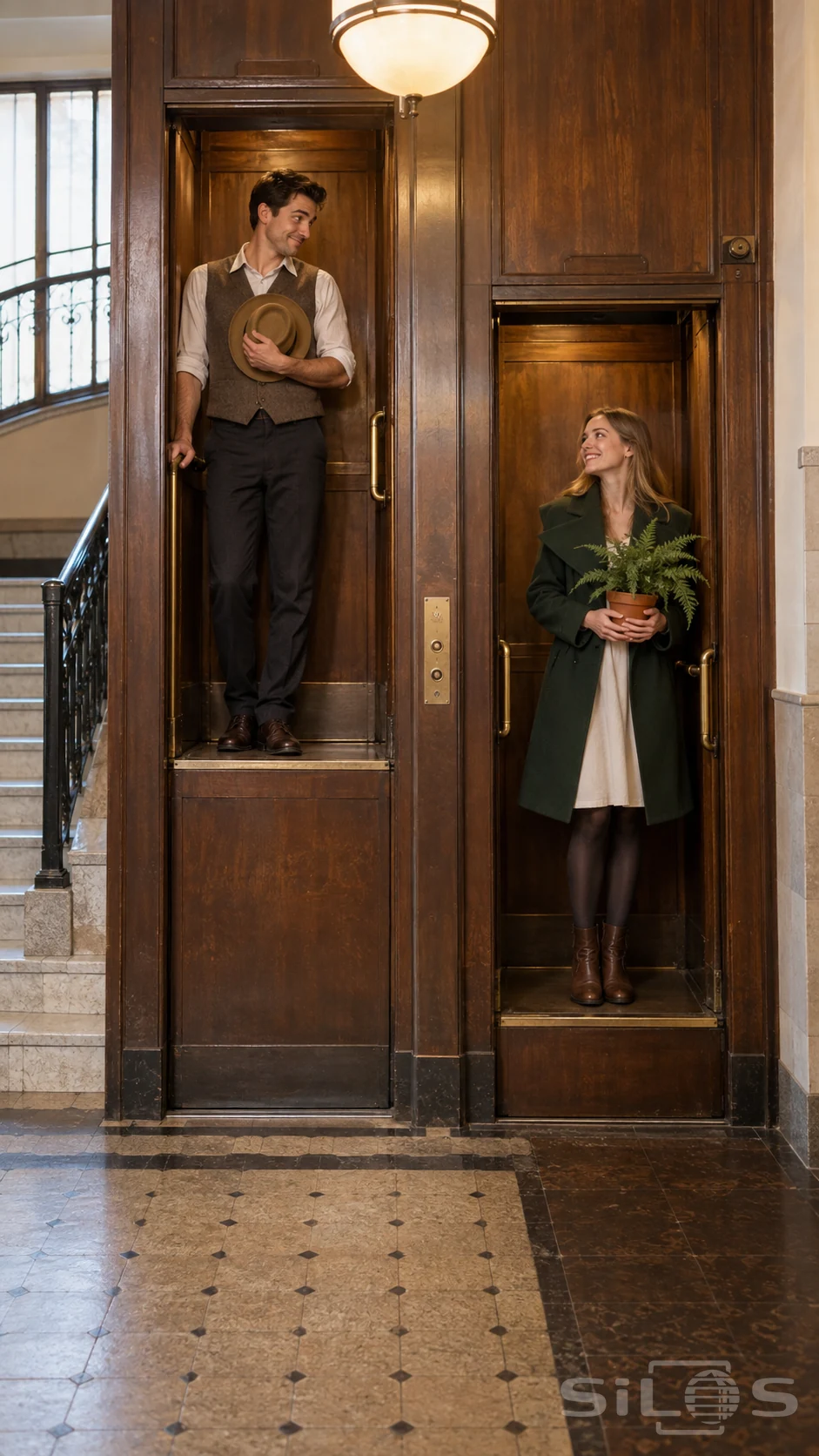 Paternoster lift with a man holding an ochre hat in one open compartment and a woman carrying a potted fern in the other.