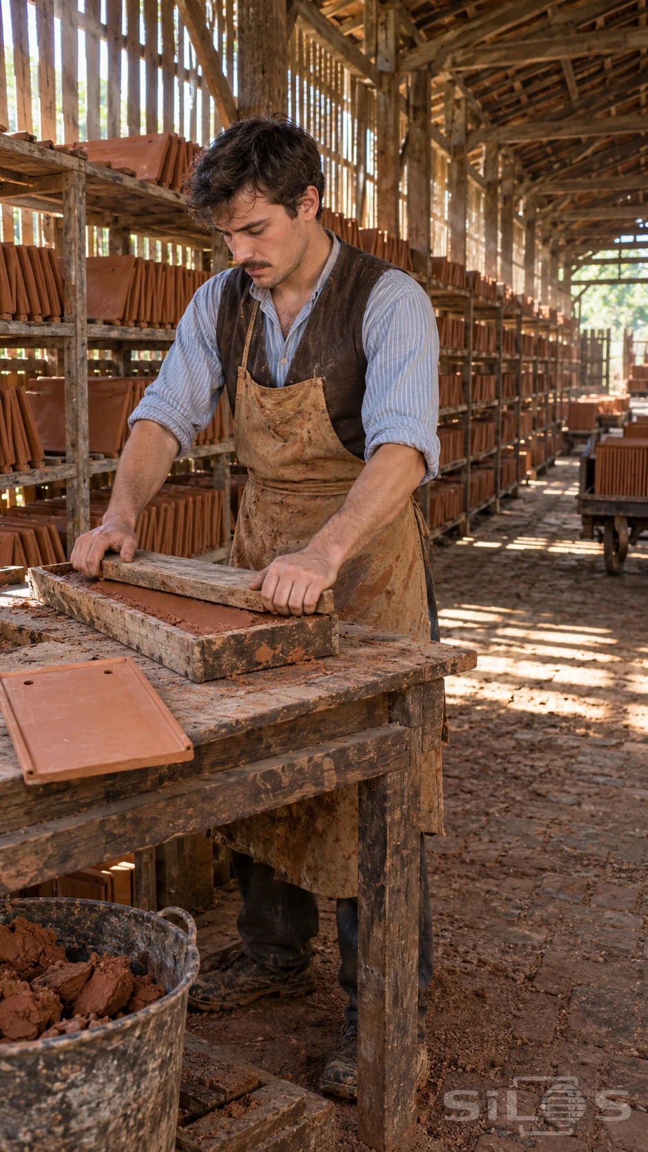 A male maker levels terracotta clay for handmade roof tiles in a wooden tile mould inside a long drying shed.