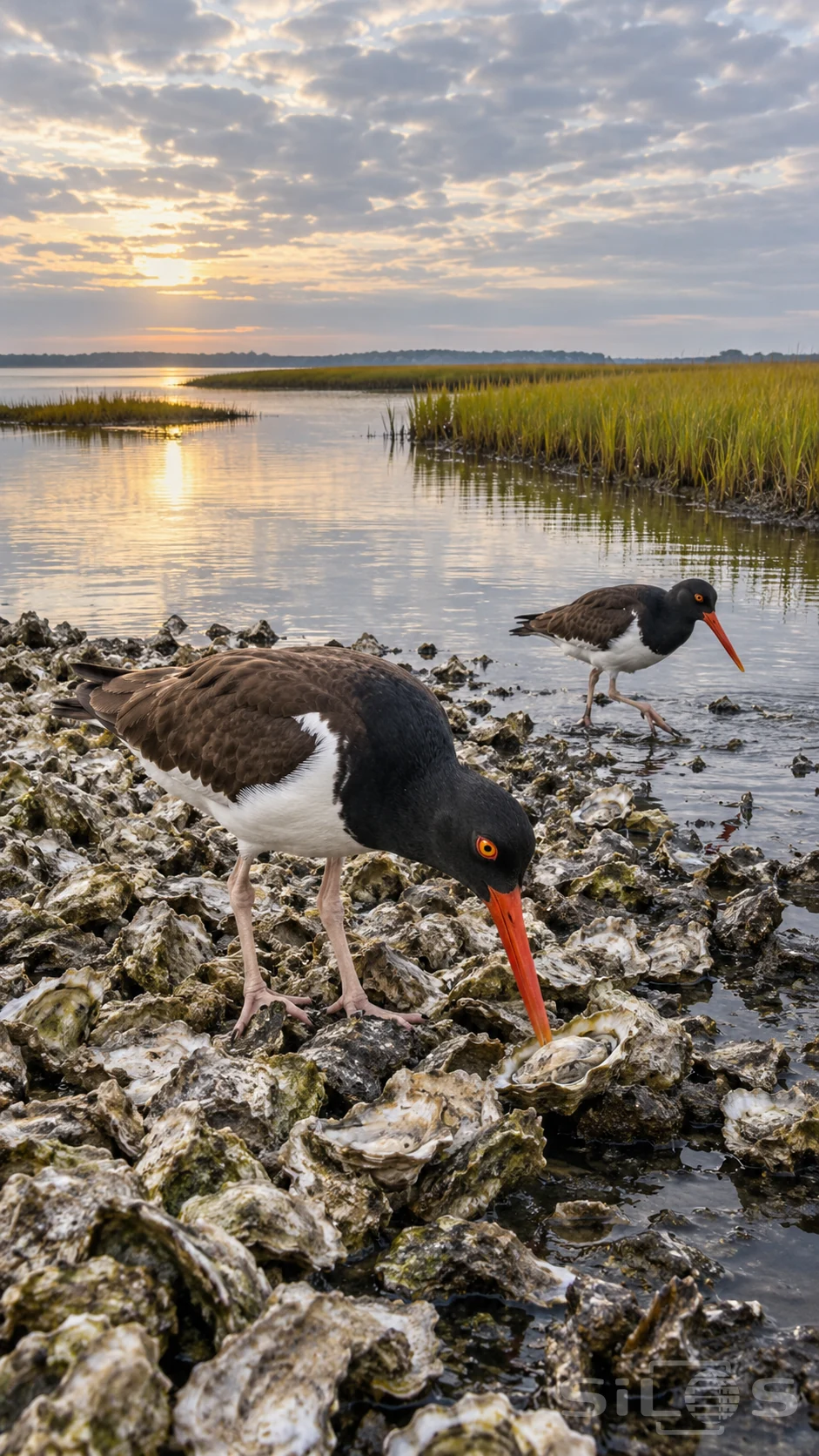 American oystercatchers probing an oyster shell bar beside calm salt marsh water at sunrise