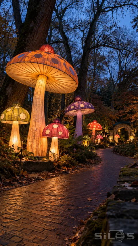 Large colourful mushroom lanterns illuminate a winding brick path through an autumn grove at blue hour.