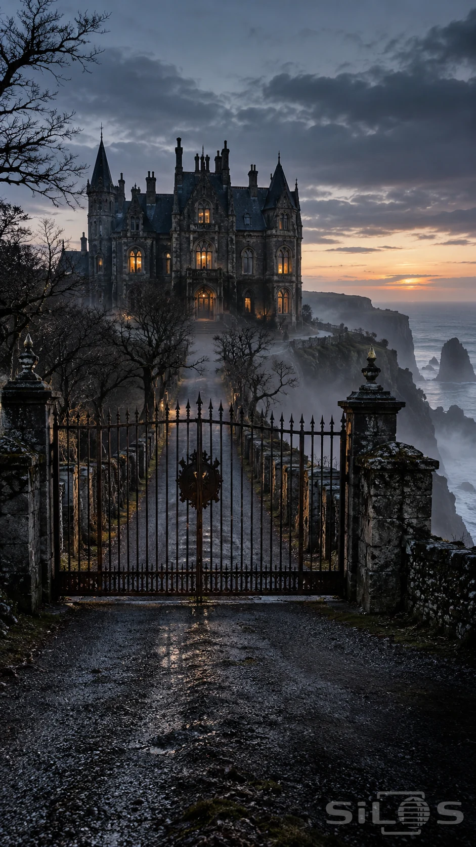 A gothic stone mansion above a misty sea cliff, seen through iron gates at sunset.