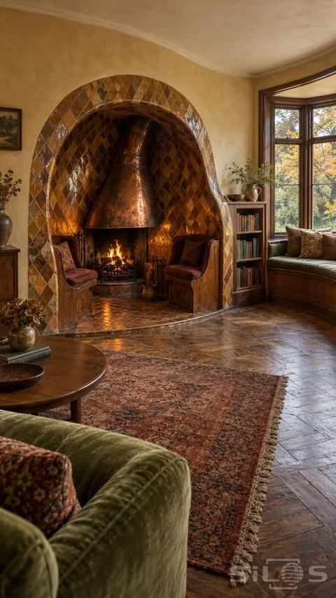Two cushioned wooden seats flank a small fire within a deep amber-tiled alcove; with a copper hood and curved garden window seat nearby.
