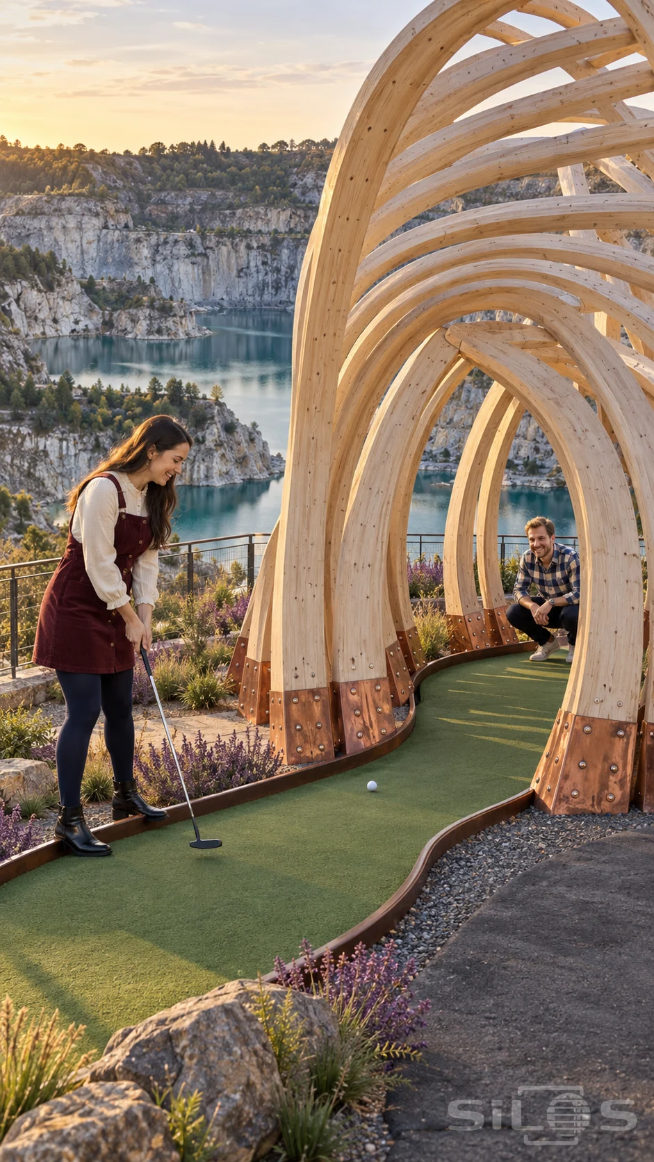 A woman with a putter and a crouching man watch a white golf ball on a miniature golf lane beneath a giant timber shell.
