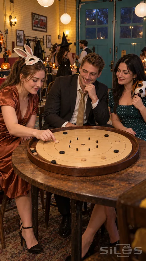 Three adults enjoy a crokinole party around a wooden game board; with animal masks lifted away from their faces.