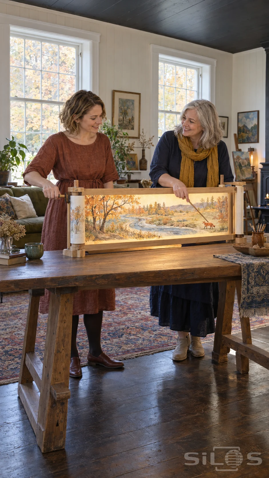 Two women in linen dresses share a crankie theater with a glowing paper river and painted fox in a bright paneled room.