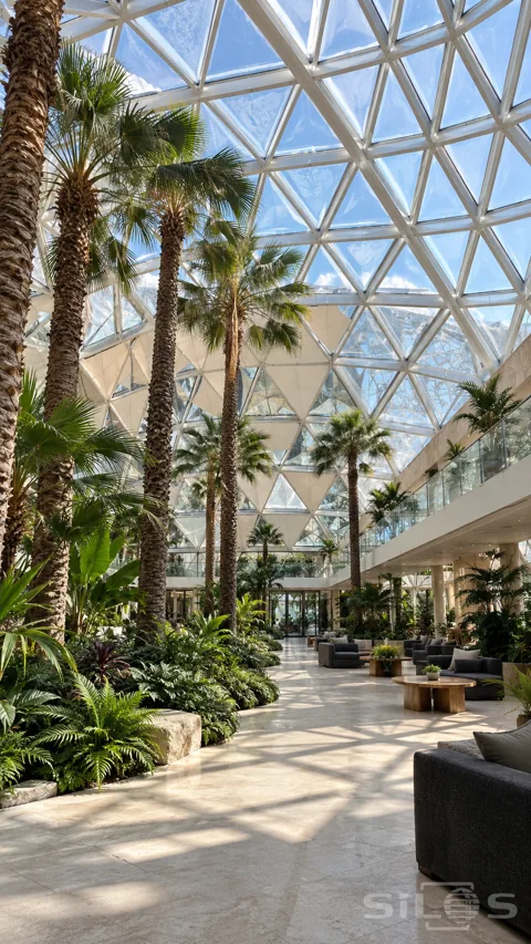 Soaring palm atrium with a white geometric glass roof; lush planting; pale stone floor; glass gallery and charcoal lounge seats.