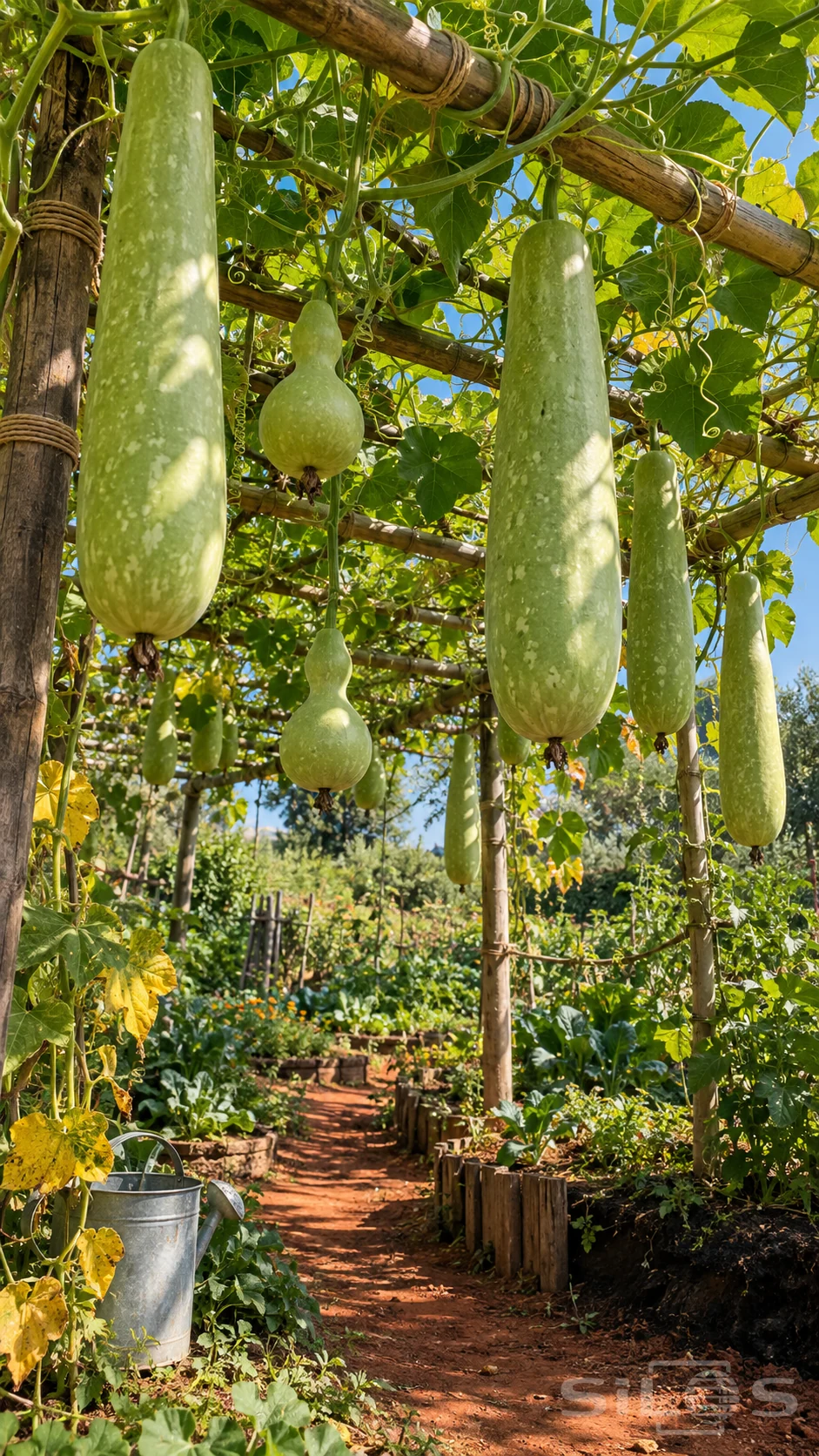 Pale-green bottle gourds hang from leafy vines on a bamboo pergola above a red-earth garden path.