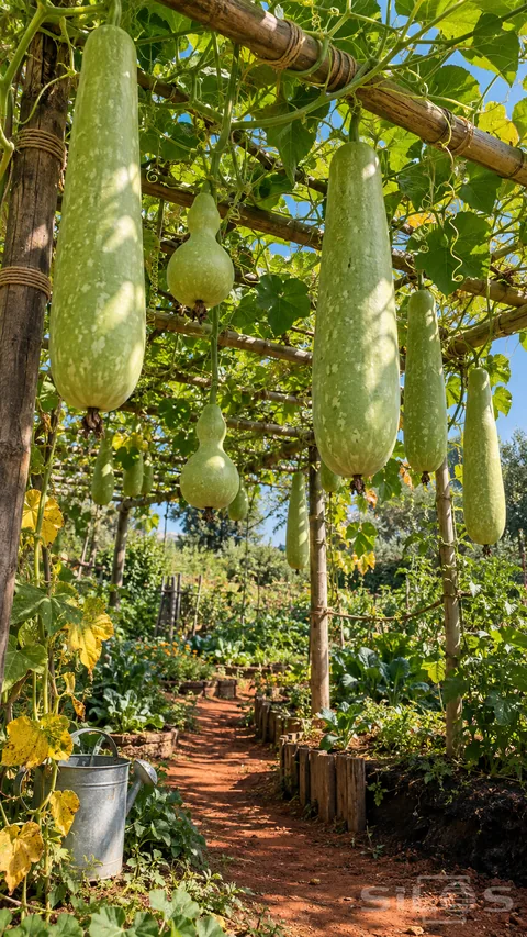 Pale-green bottle gourds hang from leafy vines on a bamboo pergola above a red-earth garden path.