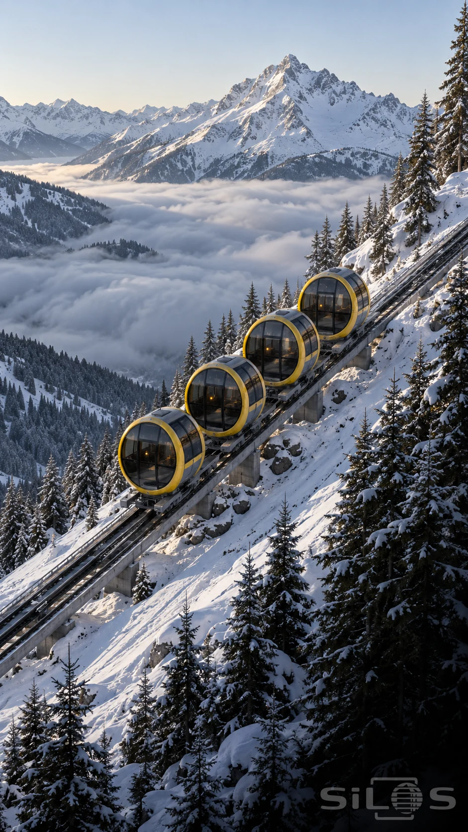 Four round yellow-rimmed funicular cabins stand on a steep rail line above a snowy forest and cloud-filled mountain valley.